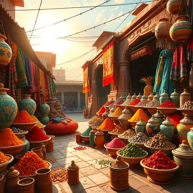 A vibrant spice market in Marrakech filled with colorful spices and cultural artifacts.