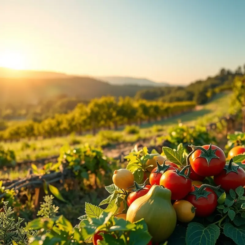 A scenic view of a lush field abundant with fresh fruits and vegetables.