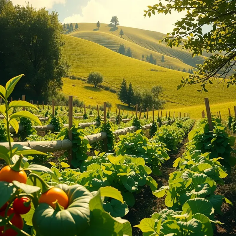 A sunlit field filled with fresh vegetables and fruits, symbolizing healthy meal options.