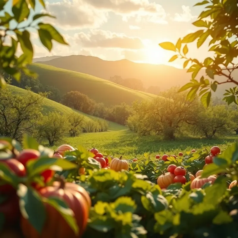 A vibrant scene showcasing organic produce in a sunlit landscape.