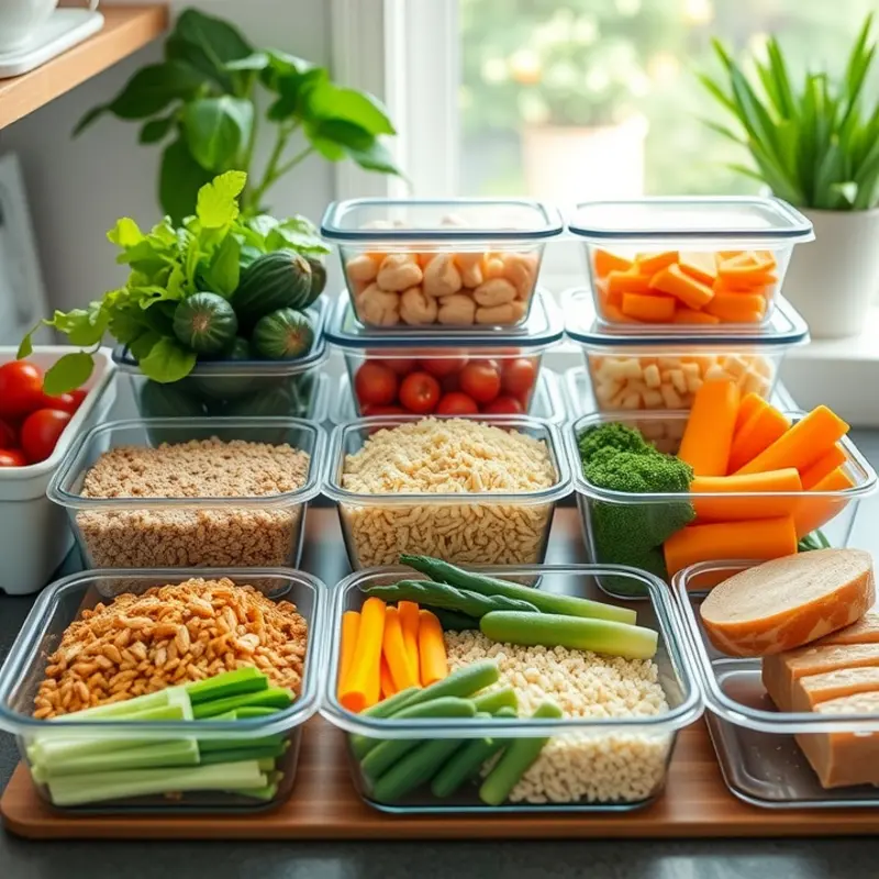 An organized meal prep setup featuring various healthy ingredients.