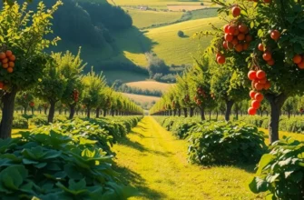 Panoramic view of a lush orchard with vibrant organic fruits and vegetables growing naturally under warm sunlight.