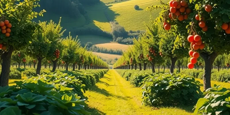Panoramic view of a lush orchard with vibrant organic fruits and vegetables growing naturally under warm sunlight.