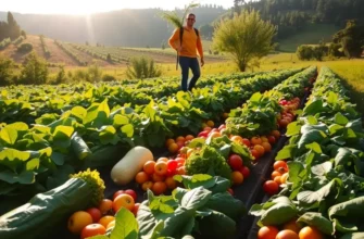 A serene landscape depicting vibrant vegetables and fruits in a sunlit field.