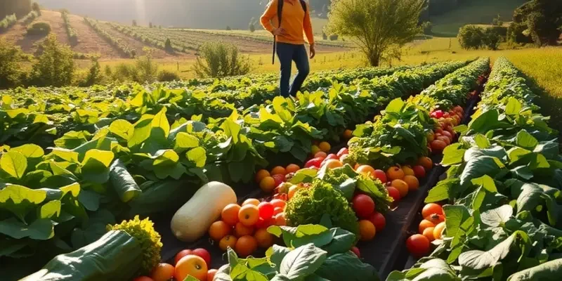A serene landscape depicting vibrant vegetables and fruits in a sunlit field.