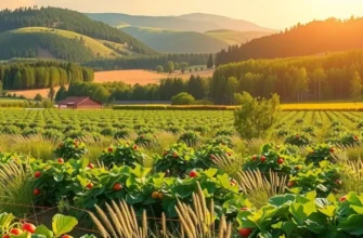 A serene garden scene showcasing an abundance of fresh vegetables and fruits.