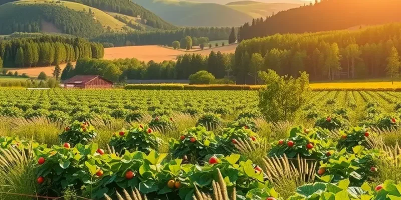 A serene garden scene showcasing an abundance of fresh vegetables and fruits.