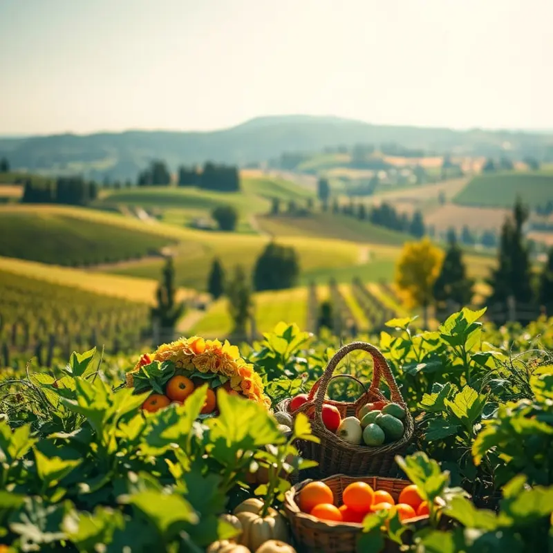 A vibrant sunlit field filled with fresh fruits and vegetables representing healthy eating.