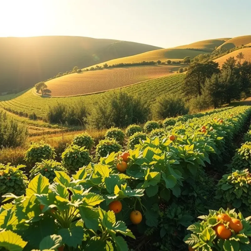 A sun-soaked orchard filled with vibrant fruits and vegetables, symbolizing fresh meal prep.
