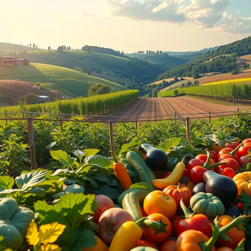 A sun-soaked orchard filled with vibrant fruits and vegetables, symbolizing fresh meal prep.