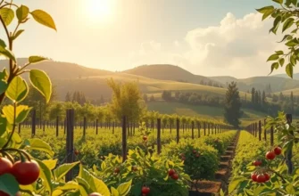 Photorealistic landscape depicting a flourishing garden filled with vibrant fruits and vegetables.