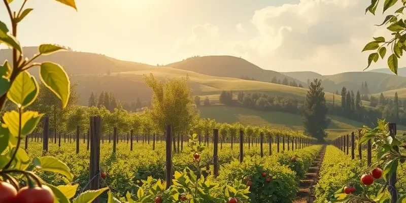 Photorealistic landscape depicting a flourishing garden filled with vibrant fruits and vegetables.