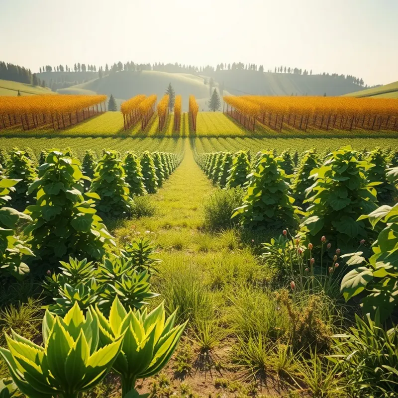 A sunlit landscape showcasing a field filled with vibrant vegetables and fruits.