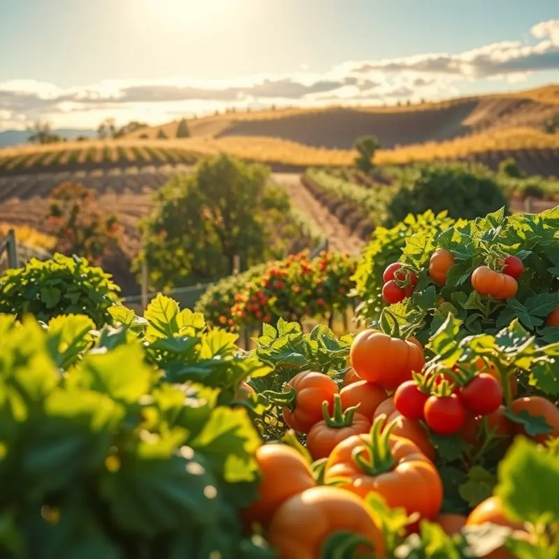 A vibrant orchard filled with fresh fruits and vegetables, showcasing nature’s bounty.