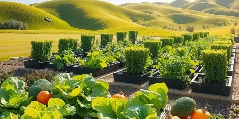 A lush garden scene filled with various fresh fruits and vegetables, highlighting the Mediterranean diet's emphasis on natural produce.