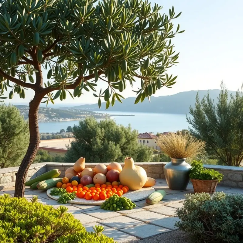 A vibrant sunlit garden filled with fresh vegetables and fruits, symbolizing the essence of the Mediterranean diet.