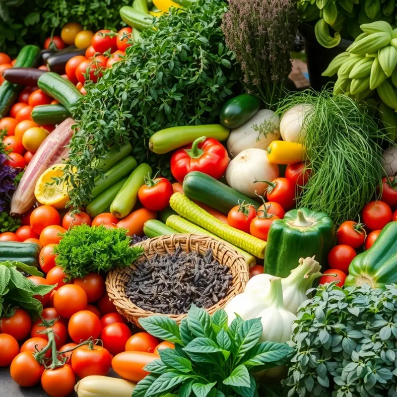 A scenic view showcasing vibrant vegetables and fruits in a sunlit field.
