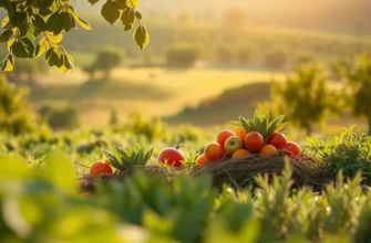 A beautiful orchard full of fruits and vegetables in a serene natural setting.