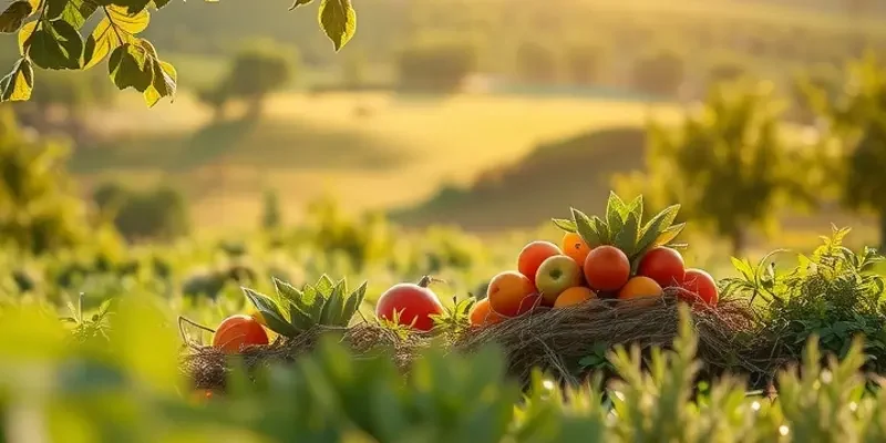 A beautiful orchard full of fruits and vegetables in a serene natural setting.