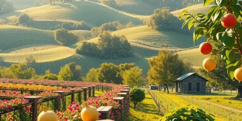 A photorealistic landscape illustrating the harmony of nature and mindful eating.