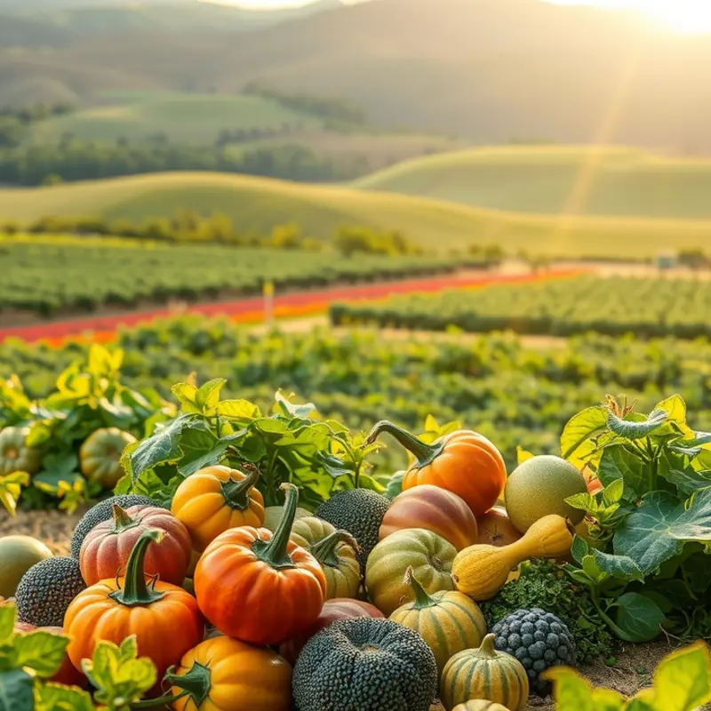 A sunlit orchard showcasing vibrant fruits and vegetables, representing abundance.