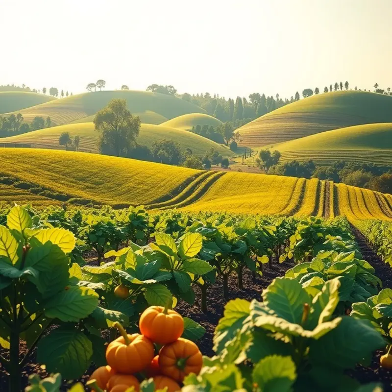 A serene sunlit field filled with vibrant vegetables and fruits.