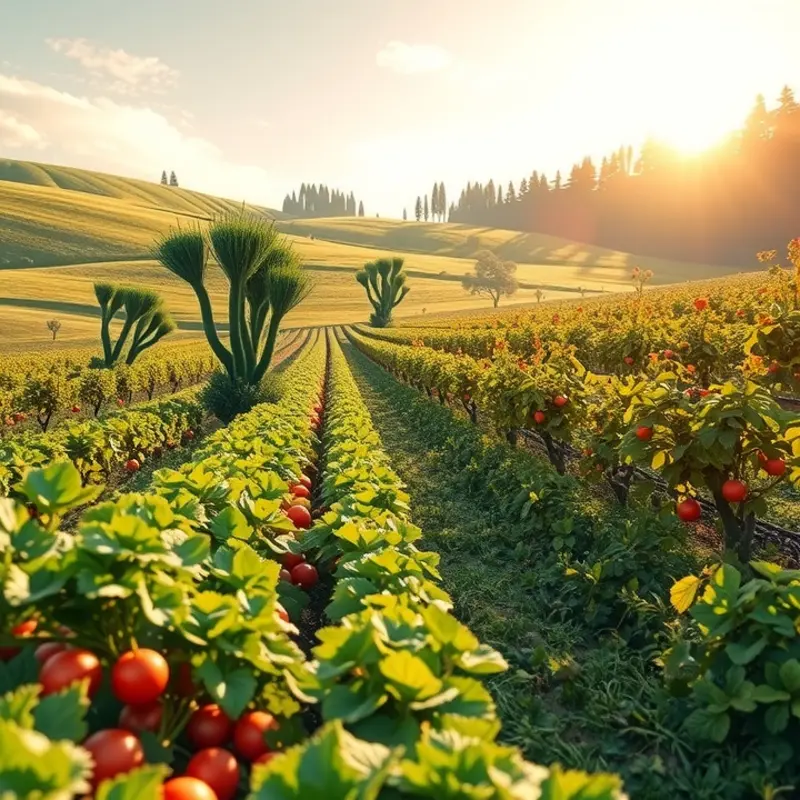 A serene sunlit orchard bursting with organic fruits and vegetables.