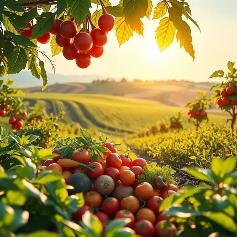 A vibrant sunlit field filled with organic vegetables and fruits.