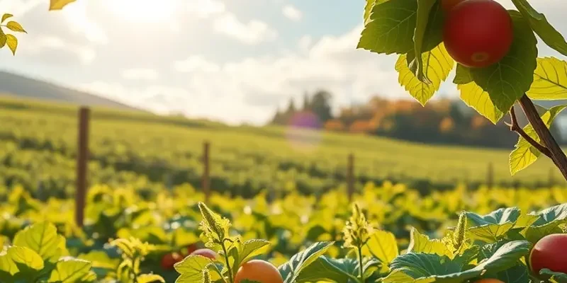 A picturesque landscape depicting a wealth of organic fruits and vegetables in nature
