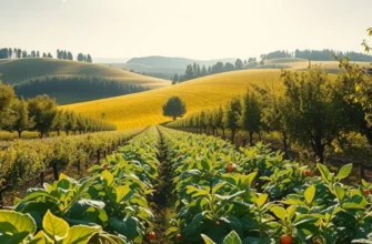 A beautiful field filled with colorful fruits and vegetables under warm sunlight, symbolizing natural and healthy eating.
