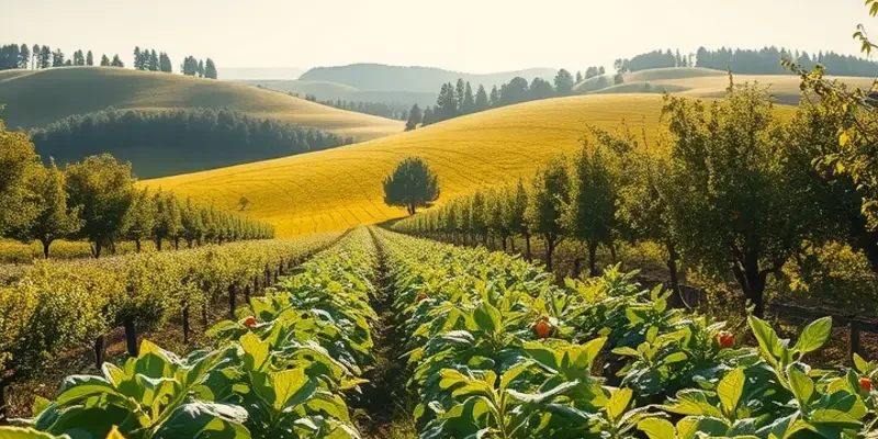 A beautiful field filled with colorful fruits and vegetables under warm sunlight, symbolizing natural and healthy eating.
