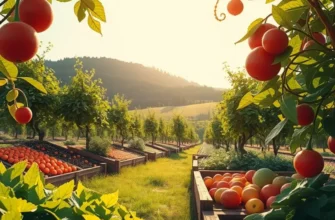 An idyllic natural scene showcasing diverse organic fruits and vegetables in a vibrant, sunlit environment.