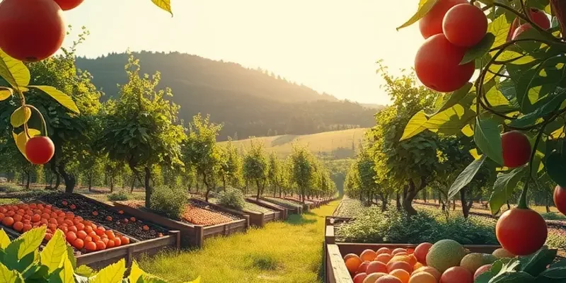 An idyllic natural scene showcasing diverse organic fruits and vegetables in a vibrant, sunlit environment.