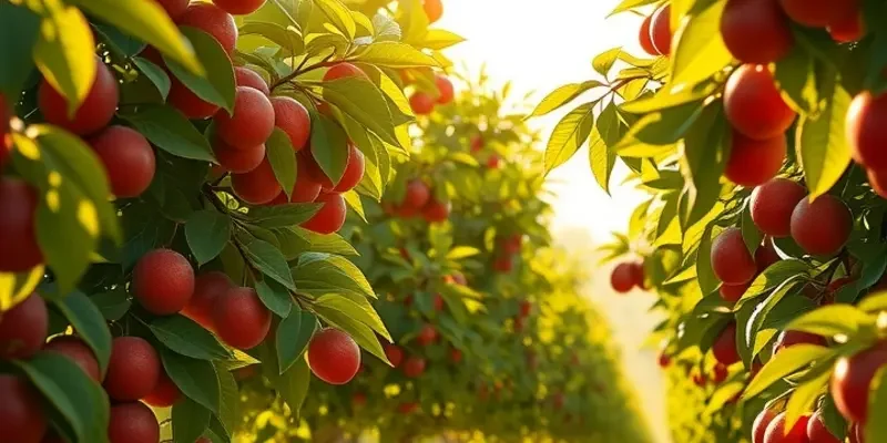Photorealistic sunlit field with vibrant fruits and vegetables growing naturally.
