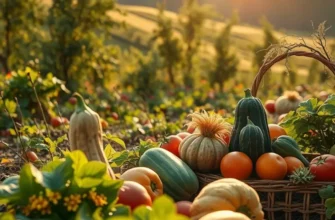 A scenic view of nature with vibrant fruit and vegetables growing in a lush, sunlit landscape.