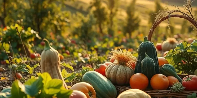A scenic view of nature with vibrant fruit and vegetables growing in a lush, sunlit landscape.
