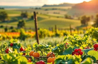 A natural landscape with vibrant fruits and vegetables symbolizing the connection between eating and emotional health.