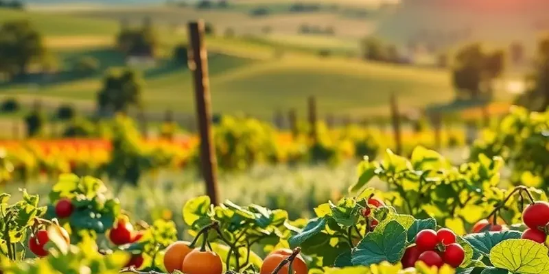 A natural landscape with vibrant fruits and vegetables symbolizing the connection between eating and emotional health.