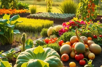 A sunny orchard filled with vibrant fruits and vegetables, reflecting healthy organic produce.