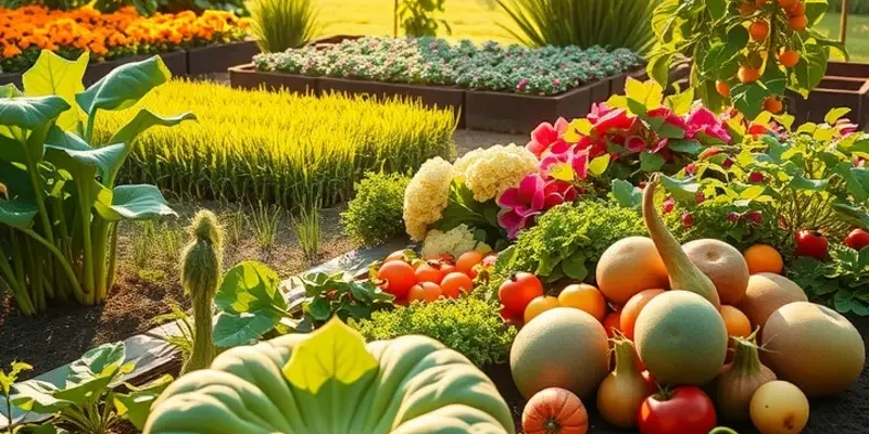 A sunny orchard filled with vibrant fruits and vegetables, reflecting healthy organic produce.