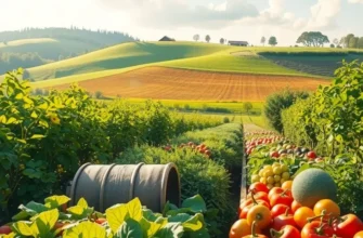 A sunlit landscape filled with organic vegetables and fruits in a natural setting.