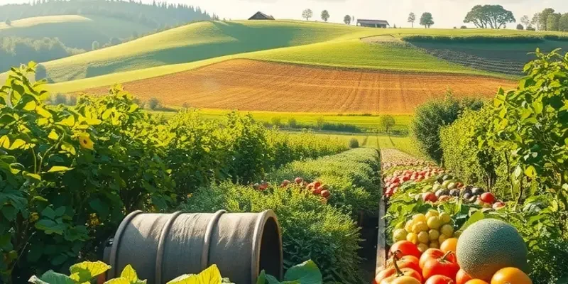 A sunlit landscape filled with organic vegetables and fruits in a natural setting.