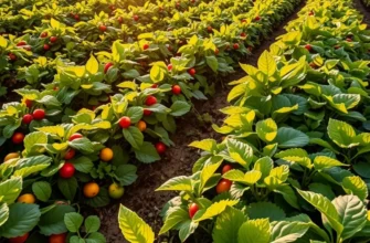 A sunlit landscape filled with ripe vegetables and fruits in a lush green field.