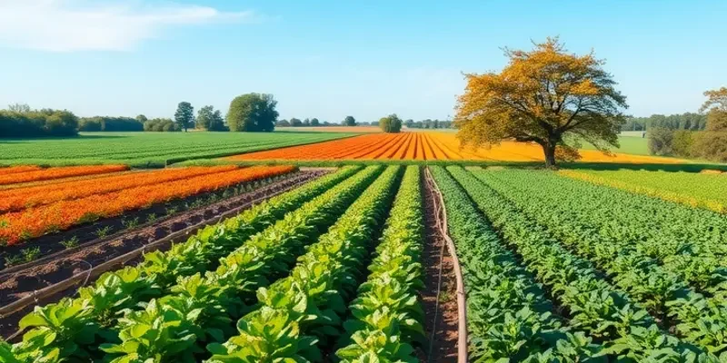 A sunlit field full of lush organic crops, depicting the essence of healthy agriculture.