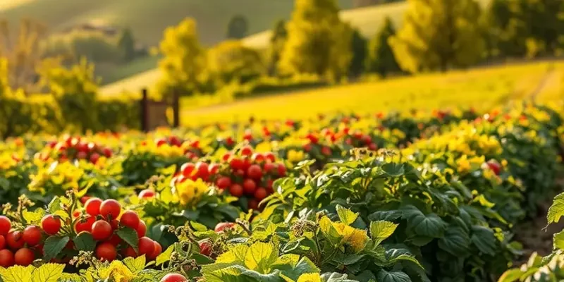 A lush landscape showcasing healthy organic fruits and vegetables thriving in nature.