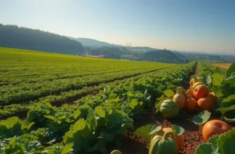 A scenic view of a sunlit field with organic vegetables and fruits growing in lush greenery.