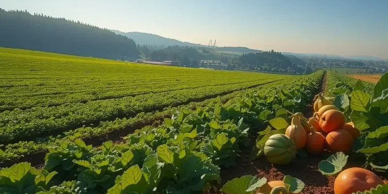 A scenic view of a sunlit field with organic vegetables and fruits growing in lush greenery.