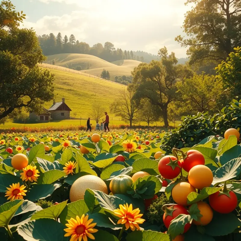 A serene orchard teeming with vibrant fruits and vegetables.