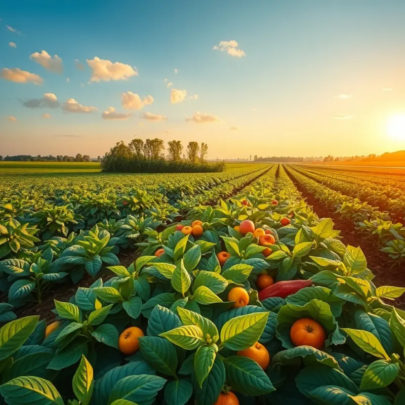 A bountiful sunlit field showcasing vibrant vegetables and fruits.