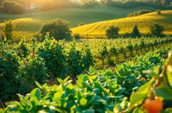 A stunning landscape with an array of organic vegetables and fruits growing naturally in a sunlit setting.
